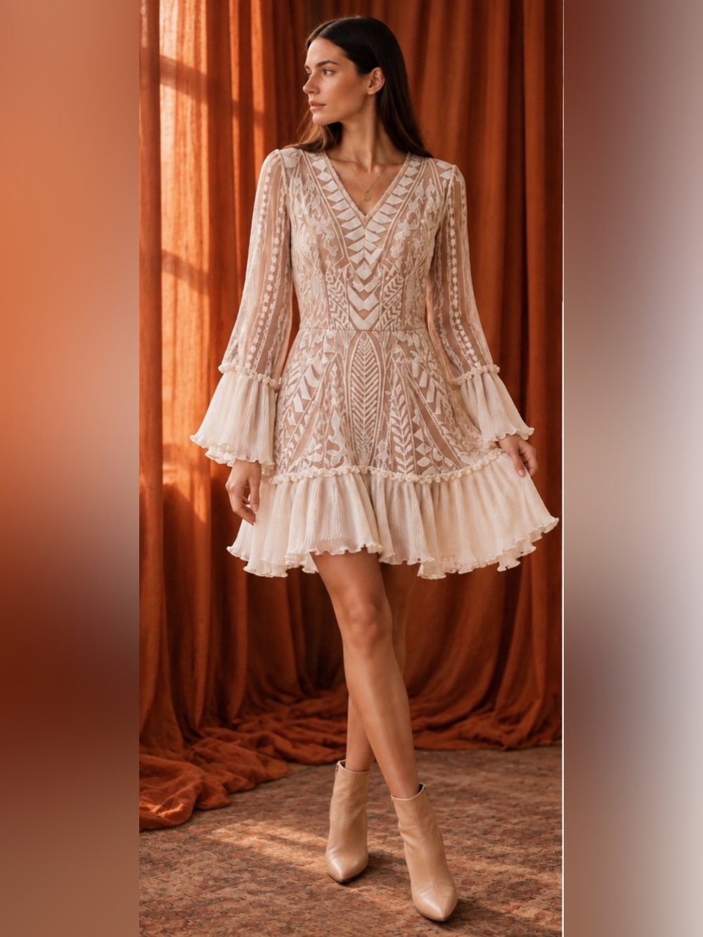 White/Cream Lace Long sleeve Mini Dress — Cream